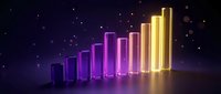 Glowing neon bar chart with ascending columns in purple to gold gradient on dark starry background for business growth and financial success presentations.