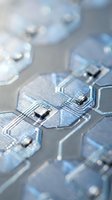 Close-up macro view of electronic circuit board with microchips and conductive pathways showing intricate technological details and components.