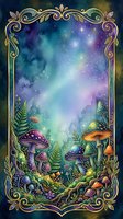Enchanted forest floor with glowing mushrooms, ferns, and magical starlit sky framed by ornate gold border, suitable for fantasy artwork, book illustrations, and mystical designs.