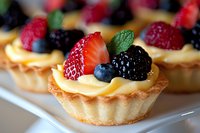 Fresh berry tartlets with vanilla custard filling topped with strawberries, blackberries, and blueberries garnished with mint leaves on white plate. Close up view.