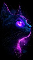 Mystical black cat with glowing pink eye against dark background, illuminated by neon purple and blue lights, cosmic space elements and stars create magical atmosphere.
