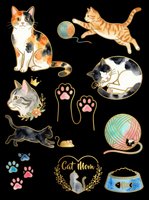 Watercolor cat sticker set with cute cats, paw prints, yarn balls, and cat mom text, isolated on transparent background. Great for stickers, T-shirts, and clipart.