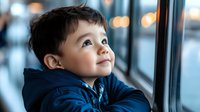 Curious young boy with dark hair looking up thoughtfully while traveling on public transport. Child passenger gazing upward with wonder and anticipation during journey.