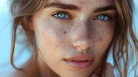 Close up portrait of young Caucasian woman with natural freckles, blue eyes and messy brown hair looking directly at camera with soft natural lighting.