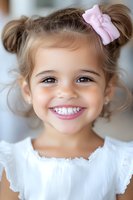 Young child with bright smile wearing white dress and pink hair bow, brown hair styled in buns. Natural lighting creates soft portrait effect.
