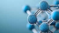 Molecular structure visualization with blue spherical atoms connected by metallic bonds on gradient background, scientific concept for chemistry and research.