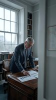 Senior male professional with gray hair and glasses, wearing dark blazer, reviewing documents at wooden desk in bright home office with bookshelves and large window.