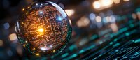 Glass sphere reflecting digital pattern with glowing orange light against dark background with bokeh effects and circuit board elements. For technology concepts.
