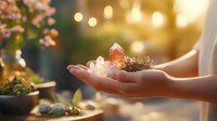 Mystical crystal healing scene with feminine hands holding rose quartz and minerals against warm bokeh lights, spiritual wellness concept for meditation practice.