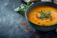 Creamy pumpkin soup garnished with fresh herbs, cream swirl and paprika in dark ceramic bowl on textured slate background. Autumn comfort food serving.