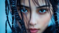 Close-up portrait of young woman with intense blue eyes, dark braided hair with decorative elements against cool blue background.
