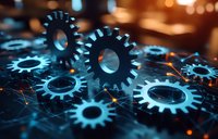 Metallic gears with blue illumination on dark background, connected by glowing network lines showing industrial automation and mechanical technology concept.