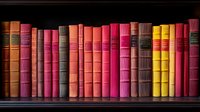 Colorful vintage hardcover books arranged on wooden shelf, featuring vibrant spines in pink, orange, yellow and brown tones against dark background. For library decor.