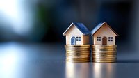 Two miniature houses sitting on stacks of golden coins representing real estate investment, property value growth, and housing market financial concepts.