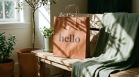 Kraft paper shopping bag with hello text on wooden bench, sunlight shadows, green plants, cozy home interior, retail and lifestyle concept.