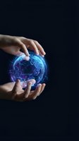 Hands of a light-skinned person holding a glowing digital globe with blue and purple network connections against dark background, representing global technology, connectivity, and digital innovation.