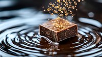 Golden particles cascade onto a textured cube submerged in rippling liquid, creating dynamic splashes and reflections in this abstract composition.
