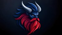 Fierce warrior mascot with blue hair and red beard against dark background, featuring glowing eyes and horned helmet design for gaming and esports branding.