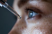 Close-up macro shot of eye drops falling from pipette near blue eye with long eyelashes and freckled skin, medical treatment concept for dry eyes.