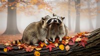 Two adorable raccoons cuddling together on fallen log surrounded by colorful autumn leaves in misty forest setting for wildlife and seasonal content.