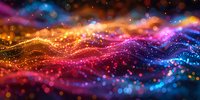 Abstract colorful wave of glowing particles with bokeh effect, perfect for technology, innovation, or digital transformation backgrounds and presentations.