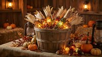 Autumn harvest display with corn stalks in wooden basket surrounded by pumpkins and fall decorations in rustic barn setting with warm lantern lighting.