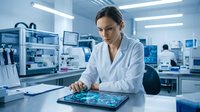 Female scientist in white lab coat working with digital tablet displaying holographic data in modern research laboratory setting for technology and innovation concepts.