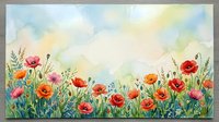 Watercolor wildflower meadow with red poppies and colorful blooms against soft pastel sky background for spring garden botanical art and nature decor.