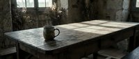 Weathered metal table with ceramic mug in abandoned industrial interior space with natural light from windows, suitable for moody editorial and atmospheric design projects.