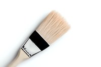 Clean white synthetic bristle paint brush with black metal ferrule and wooden handle against white background, isolated for creative and artistic projects.