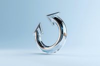 Metallic silver curved arrow symbol on light background, modern minimalist design element for business growth and progress concepts.