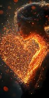 Profile of woman with glowing heart shape made of golden particles against dark background, creating magical atmosphere.