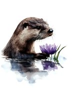 Watercolor otter swimming near purple water lily, with detailed fur texture and reflective water surface, artistic nature illustration on white background.