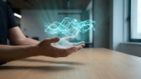 Man holding glowing digital wave energy in palm, representing technology, innovation, and data flow for business and futuristic concepts.