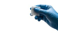 Medical professional in blue latex gloves holding white pill bottle on clean white background for healthcare and pharmaceutical applications.