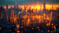Glowing urban skyline with futuristic network connections illuminated against dramatic orange sunset sky, creating modern cityscape with digital data streams.