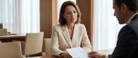 Mature woman with brown hair, Caucasian ethnicity, wearing cream blazer, conducting professional business meeting with male colleague in modern office setting, reviewing documents together.