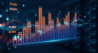 Financial growth chart with glowing bars and upward trend arrow on dark blue background with bokeh lights for business analytics and investment presentations.