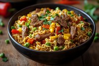 Asian noodles with beef chunks, colorful vegetables including corn, peas, and red peppers in black ceramic bowl on wooden table, garnished with herbs.