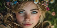Young blonde woman with blue eyes wearing floral crown headband lying in grass with daisies and wildflowers for spring portrait photography.