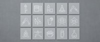 Collection of minimalist line art icons featuring camping and outdoor adventure symbols on neutral beige squares, perfect for web design and apps.