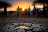 Cracked dry soil in foreground with silhouettes of people against dramatic orange sunset sky, sun star effect through figures creates powerful environmental message.