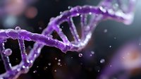 Purple glowing DNA strand with water droplets on dark background, genetic research concept with bokeh lights and molecular structure visualization.