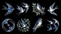 Blue swallows and birds in flight isolated on transparent background, ready for t-shirt design, clipart, stickers, sublimation, and print-on-demand projects.