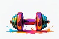 Colorful metallic dumbbell with rainbow gradient effect on white background, surrounded by vibrant paint splashes and drips. Fitness and creativity concept.