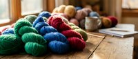 Colorful yarn skeins arranged on rustic wooden table in cozy crafting room with natural window light for knitting and crochet projects.