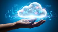 Digital cloud computing technology floating above open palm with glowing network connections and data visualization elements on blue background.
