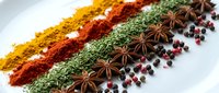 Colorful spice arrangement with turmeric, paprika, herbs, star anise and peppercorns in diagonal lines for culinary cooking and seasoning concepts.