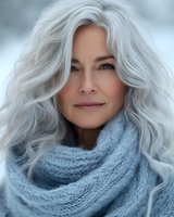 Mature Caucasian woman with silver gray hair wearing blue knit scarf smiling confidently outdoors in winter portrait for beauty aging gracefully lifestyle concepts.
