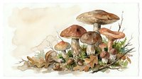Watercolor painting of wild mushrooms cluster with autumn leaves and moss on forest floor, botanical illustration style for nature designs.